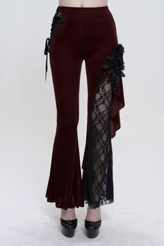 Couture, Pants With Open Sides, Unique Clothing Ideas, Cute Outfits Soft, Witchy Pants, Black And Red Outfit Classy, Bat Pants, Red Rose Outfit, Dark Red Clothes