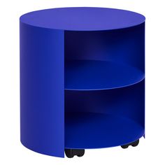 a round blue shelf with wheels on it