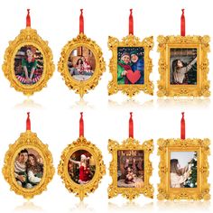 christmas ornaments with pictures hanging from them in gold frames and red candles on white background