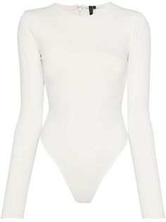 chalk white stretch-design round neck long sleeves internal logo tag full lining press-stud fastening Just a reminder that this piece must be tried on over your own garments. White Long Sleeve Bodysuit, Entire Studios, Body Manga Longa, Long Sleeve Leotard, Body Outfit, Body Suit Outfits, Chalk White, Easy Trendy Outfits, Just A Reminder