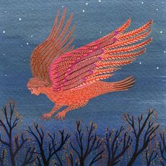 a painting of an owl flying over trees and bushes with stars in the night sky