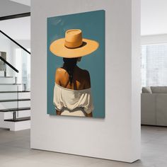 a woman wearing a yellow hat in front of stairs