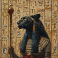 an egyptian painting with a black cat holding a staff