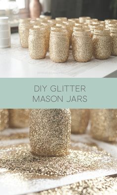 glitter mason jars are stacked on top of each other with the words diy glitter mason jars