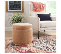 a living room with a chair, rug and potted plant on the floor in front of a window