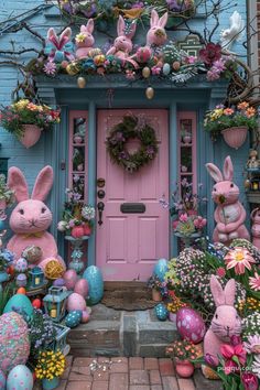 a pink door decorated with easter decorations and bunnies in front of the entrance to a blue house