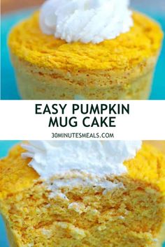 two pictures showing the inside and outside of a pumpkin mug cake with whipped cream on top