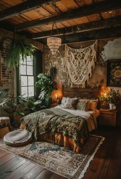 a bed room with a neatly made bed and lots of greenery on the wall