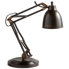 a desk lamp that is on top of a white surface with a black base and metal arm