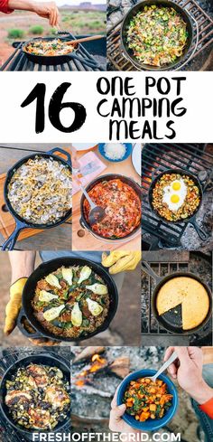 a collage of photos showing different types of camping meals and how to cook them