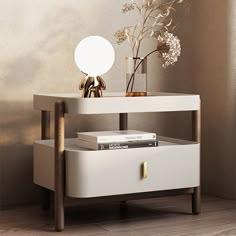 a white table with some flowers on it and a book shelf in front of it