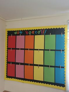 a colorful bulletin board with clothes pins pinned to it's sides and the words wow dad written on them