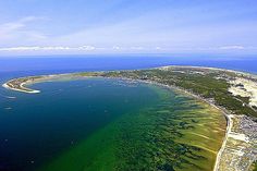 an aerial view of the water and land around a large body of water with green algae growing on it