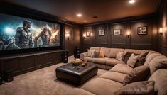 a home theater with couches and a large screen