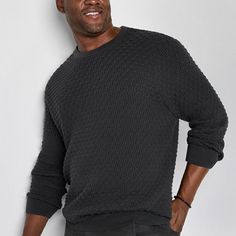 Knitted from soft cotton, this men's pullover sweater from Shaquille O'Neal XLG big and tall collection has a textured woven pattern that effortlessly elevates this cold-weather staple. Cut for a classic-fit, it has a crew neckline, long sleeves, and ribbed trim. Versatile for styling options, try yours as a standalone or over a t-shirt with tailored pants.Closure Type: Pullover HeadFit: Classic FitSleeve Length: Long SleeveApparel Length: 27 Inches - FrontFiber Content: 100% CottonFabric Descri Mens Pullover Sweater, Men's Pullover, Shaquille O'neal, Large Sweaters, Woven Pattern, Tailored Pants, Pullover Men, Sweater Black, Big & Tall