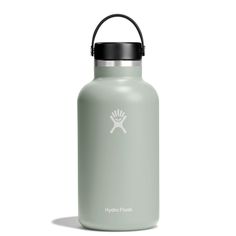 the hydro flask bottle is light green with a black lid and an embossed logo