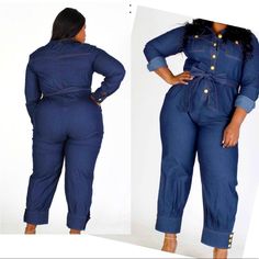 Plus Size Collard, Gold Button Detail Long Sleeve Cuffed Denim Jumpsuit With Pockets And Waist Belt. Nwt Jumpsuit With Pockets, Denim Jumper, Baddie Quotes, Denim Jumpsuit, Button Detail, Waist Belt, Chambray, Pant Jumpsuit, Jumpsuit Romper