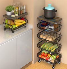 two metal racks filled with fruits and vegetables on top of a wooden floor next to a refrigerator