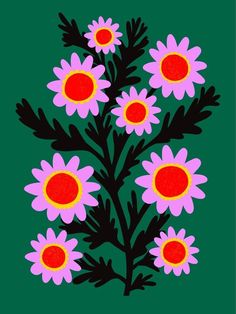 a drawing of pink and yellow daisies on a green background with red centers in the center