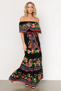 Alejandra Maxi Dress | Black Multi Floral | Baltic Born Red And Black Outfits, Fiesta Dress, Kimono Maxi Dress, Baltic Born, Velvet Maxi Dress, Tiered Maxi Skirt, Maxi Bridesmaid Dresses, Maxi Dress Black, Rust Dress