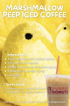 an advertisement for marshmallow iced coffee with a stuffed animal holding a drink in it's hand