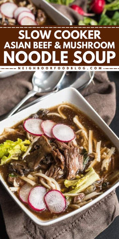 Warm up this fall with our Slow Cooker Asian Beef Noodle Soup! This fluffy, tender dish is perfect for cozy dinner ideas. Save this must-try Chinese beef soup recipe that will quickly become a favorite among your soup recipes for dinner! Beef Mushroom Noodle Soup, Beef Noodle Soup Asian, Slow Cooker Asian Soup, Beef Based Soups, Chinese Beef Soup Recipes, Chinese Beef Soup