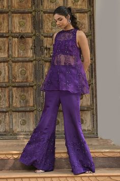 Purple kurta with thread cutwork hand embroidery. Comes with pant and a padded bustier. - Aza Fashions Women Kurta Set Design, Organza Plazo Suits, Designer Sleeveless Sets For Eid, Fitted Pant Set For Eid Reception, Fitted Pant Set For Reception During Eid, Fitted Pant Set For Reception And Eid, Purple Ethnic Wear, Bollywood Style Purple Palazzo Set With Straight Kurta, Fitted Lace Work Palazzo Set For Eid