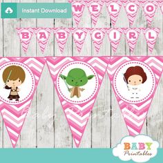 printable star wars baby shower banner with yoda and princess leis on it