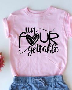 a pink shirt and denim shorts with the words un four getable on it