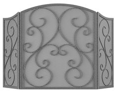 an iron fireplace screen with decorative designs on the top and bottom panel, in grey