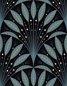 an art deco wallpaper design with blue and gold leaves on black background, designed in the style of art deco