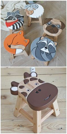 four different pictures of children's stools with animals painted on them