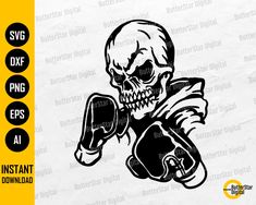 a skull with boxing gloves on it's head and the words, svg dxf files