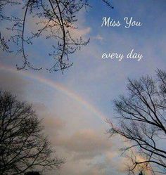 there is a rainbow in the sky with trees and clouds behind it that says, miss you every day