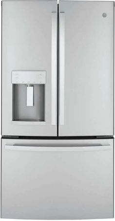 a stainless steel refrigerator freezer with the door open and water dispenser