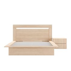 the bed frame is made from wood and has two drawers on one side, and an open drawer at the end