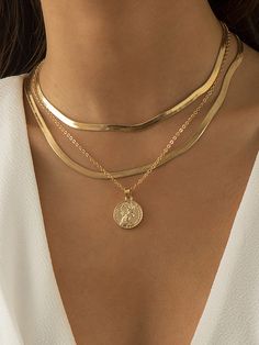 Layered Snake Chain Solid Color Necklaces Accessories SILVER-One_size Layered Gold Necklaces, Wedding Rose, Layered Choker Necklace, Gift Bracelet, Coin Pendant Necklace, Choker Necklace Set, Chain Fashion, Antique Pink, Ring Stone