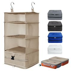 four tiered hanging storage bag with zippers and handles, various colors are available