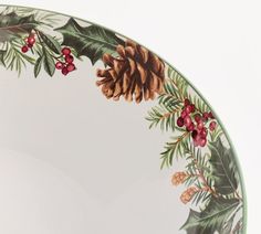 a plate decorated with holly, pine cones and red berries is shown in this image