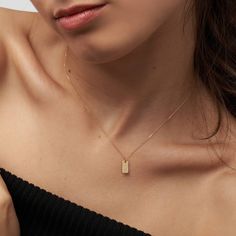 Willow tag Initial Necklace - 14K Solid Gold Everyday Jewelry With Rectangular Clavicle Chain Pendant, Dainty Everyday Necklace With Rectangular Pendant, Minimalist 14k Gold Pendant Chain Necklace, Delicate Everyday Necklace With Rectangular Pendant, 14k Gold Rectangular Fine Jewelry Necklace, Rectangular 14k Gold Fine Jewelry Necklace, Delicate Rectangular Pendant Necklace For Everyday, Minimalist Necklace With Rectangular Pendant And Delicate Chain, Minimalist 14k Gold Necklace With Square Pendant