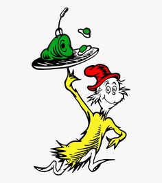 the cat in the hat is carrying a plate with a green thing on it's back