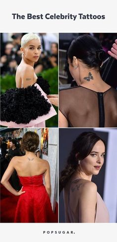 the back of a woman's head with tattoos on her neck and chest, in four different pictures