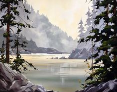 an oil painting of a lake surrounded by trees and rocks with fog in the background