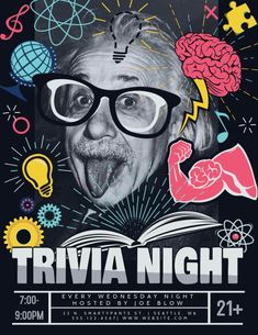 the poster for trivia night featuring an old man with glasses and a brain on his head