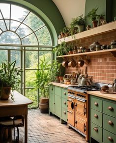 a kitchen with green cabinets and potted plants