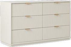 a white dresser with four drawers and two gold pulls on the bottom drawer, in front of a white background