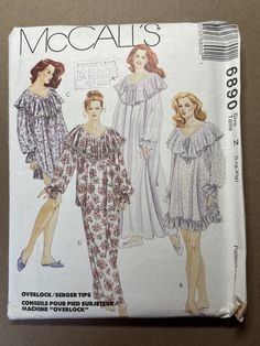 McCalls 6890. Sizes Large and Extra large. This pattern has not been cut. It still has the factory fold. Misses' Nightgown, Nightshirt and Pyjamas: Loose-fitting nightgown view A, nightshirt view B and C or pyjama top view D have long raglan sleeves with elastic through casing forming ruffles, ruffle type collar and optional lace and ribbon bow trim, view A has lace collar; view B has lower ruffle; pyjama pants view D has elastic through fold back waist casing. Women Nightwear Dresses, Pajamas Pattern, Nightgown Pattern, Lingerie Patterns, Women's Sewing Pattern, Pajama Pattern, Mccalls Sewing Patterns, Nightgowns For Women, Mccalls Patterns