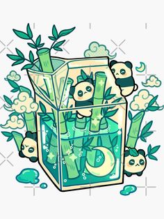 an illustration of pandas in a box with bamboo plants and clouds around them on a blue background