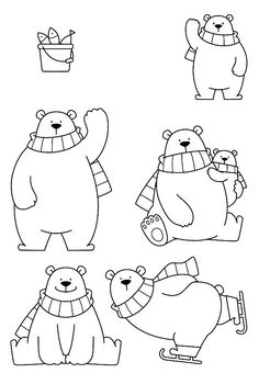 four polar bears with hats, scarfs and mittens on their heads are shown in black and white