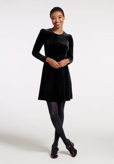 Elegant in its simplicity this black, crushed velvet skater dress from Aussie brand Princess Highway is perfect for dressing up or down with just a simple change of footwear ! Made from a stretchy, luxe crushed velvet fabric, this A-line dress boasts long sleeves, a flattering scoop neckline, a fitted bodice, and a full circle skirt that finishes above the knee. Pair this black beauty with combat boots for an edgy night out, or glam it up in a sky-high pair of pumps ! Please Note: Aussie brands Womens Cocktail Attire, Velvet Skater Dress, Cocktail Dresses With Sleeves, Cute Red Dresses, Princess Highway, Crushed Velvet Fabric, Valentines Day Dresses, Full Circle Skirt, Black Velvet Dress